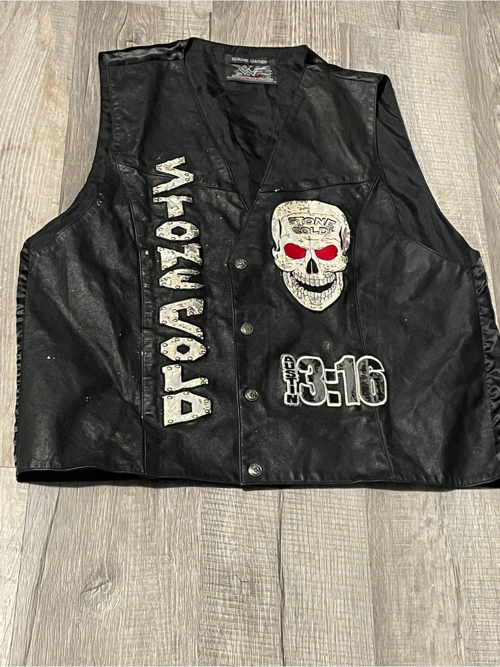 Stone Cold Steve Austin Black Leather Vest with Skull Graphics XL WWF